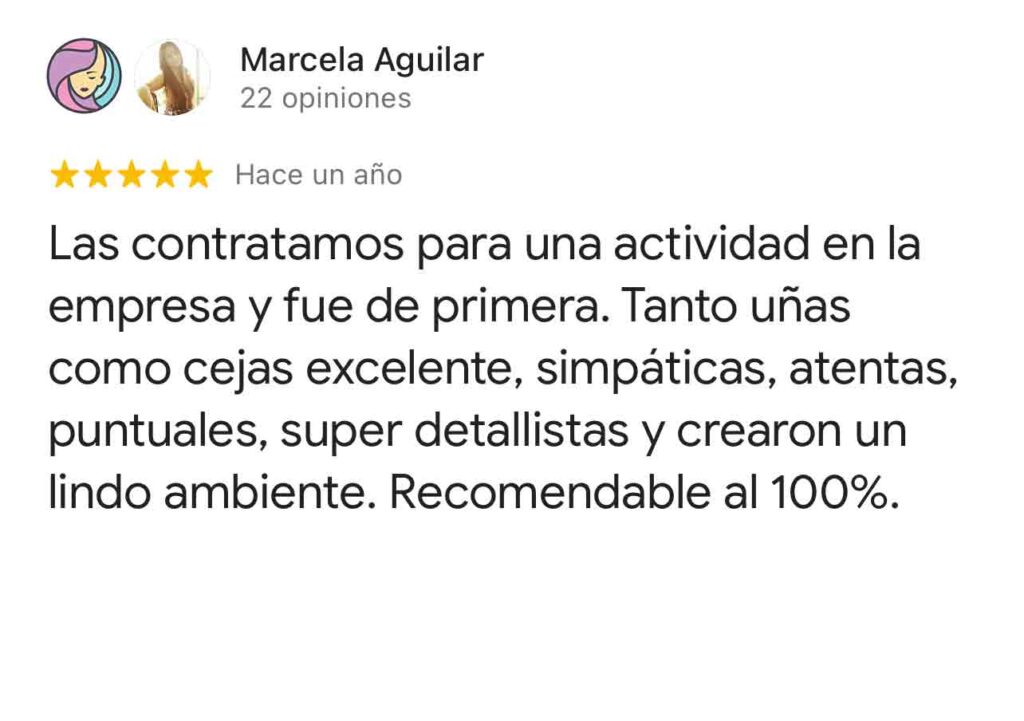 Las contratamos para una actividad en la empresa y fue de primera. Tanto uñas como cejas excelente, simpáticas, atentas, puntuales, super detallistas y crearon un lindo ambiente. Recomendable al 100%.