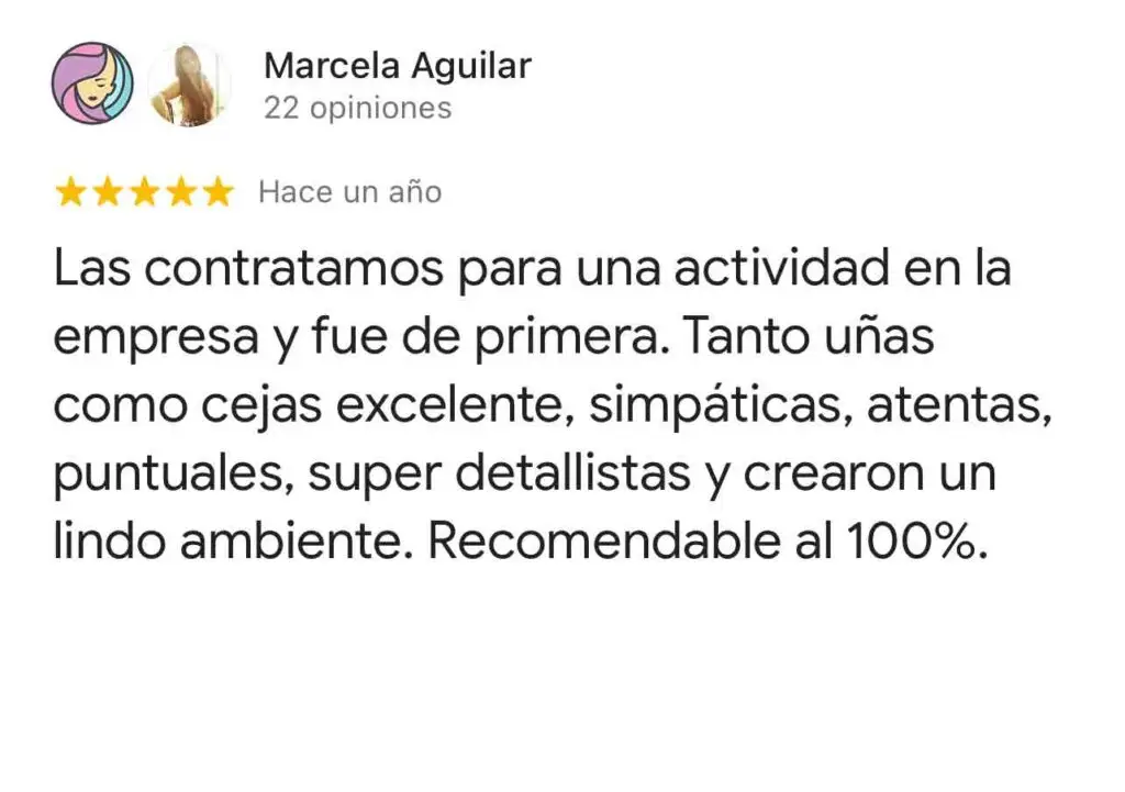 Las contratamos para una actividad en la empresa y fue de primera. Tanto uñas como cejas excelente, simpáticas, atentas, puntuales, super detallistas y crearon un lindo ambiente. Recomendable al 100%.